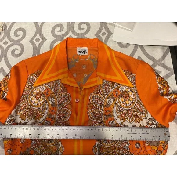 Vintage 1970s Orange Paisley & Floral Button-Up Blouse With Pointed Collar - Picture 5 of 5